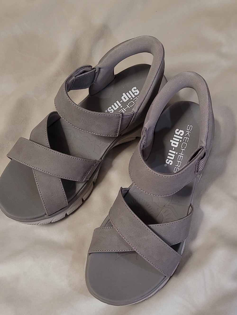 Skechers Women’s Gray Cross-Strap Slip-In Sandals